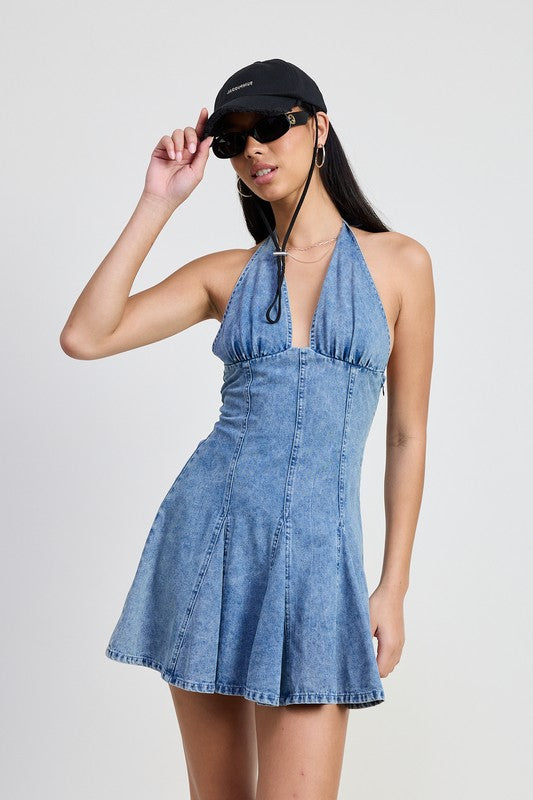 MINI HALTER NECK DENIM DRESS DENIM / L MINI HALTER NECK DENIM DRESS DENIM / L