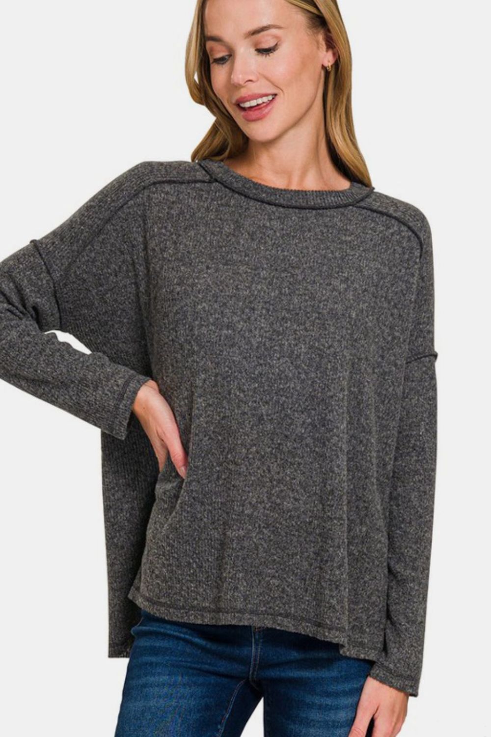 Zenana Exposed Seam Mock Neck Long Sleeve Sweater
