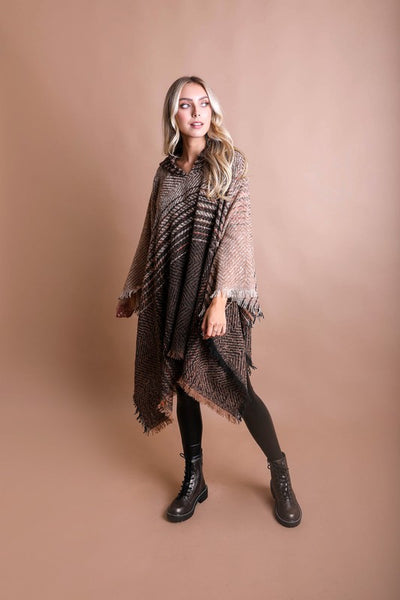 Herringbone Tweed Hooded Frayed Edge Poncho