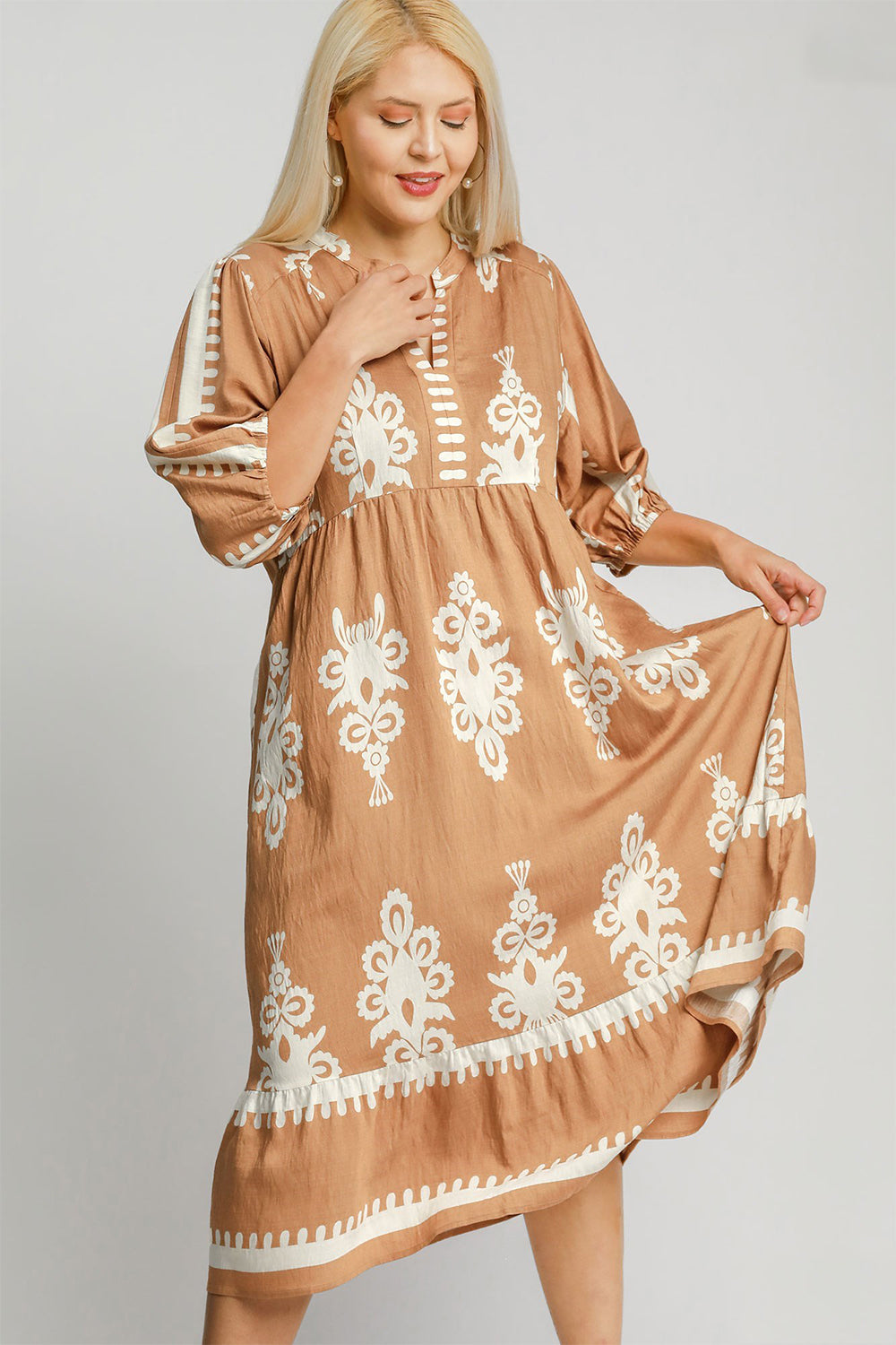 Umgee Full Size Printed Notched Midi Dress Umgee Full Size Printed Notched Midi Dress