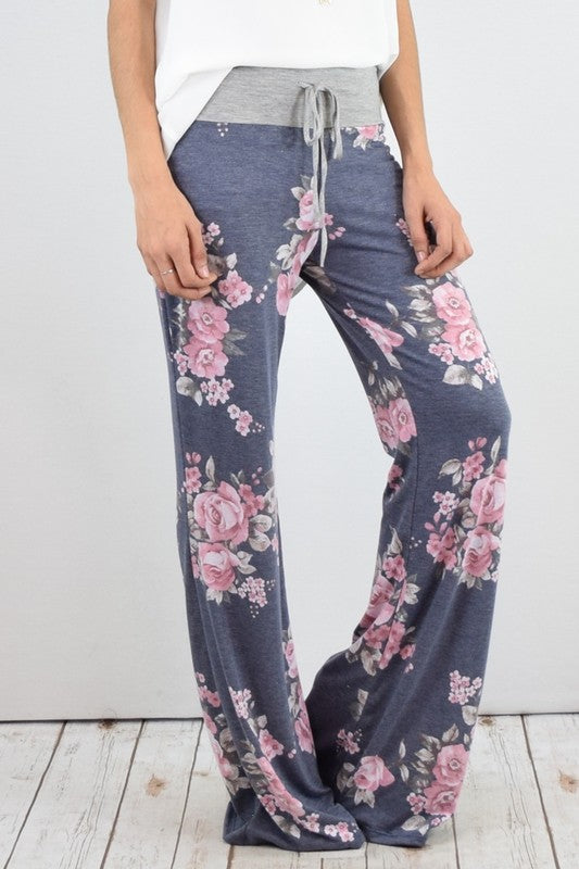 Drawstring Floral Wide Leg Pants