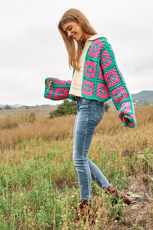 Two-Tone Floral Square Crochet Open Knit Cardigan