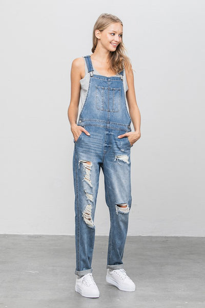 Patch Pocket Ripped Denim Overalls
