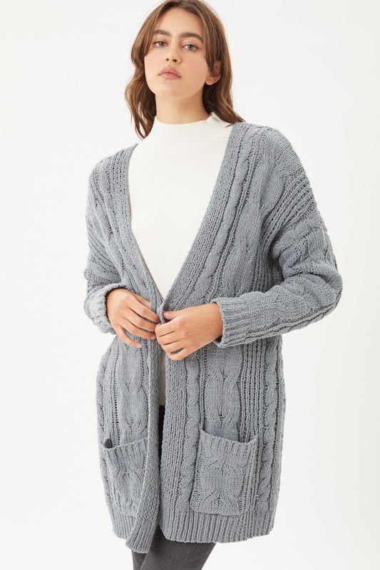 Chenille Cable Knit Oversized Open Front Cardigan