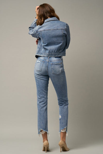 High Waist Distressed Fray Straight Jeans