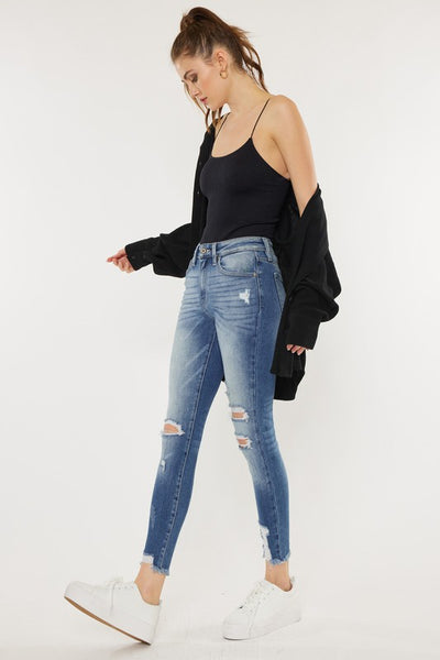 High Rise Fray Hem Ankle Skinny