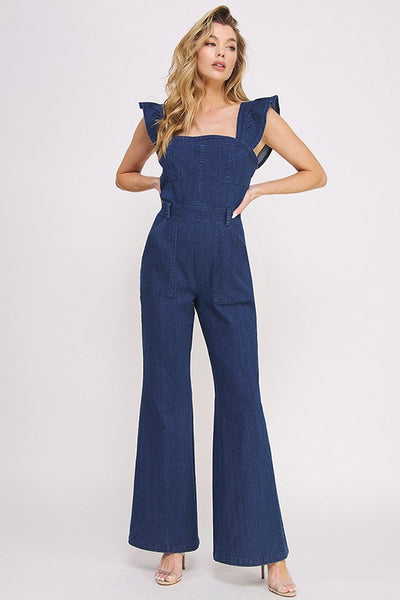 DENIM RUFFLE FLARE LEG JUMPSUIT