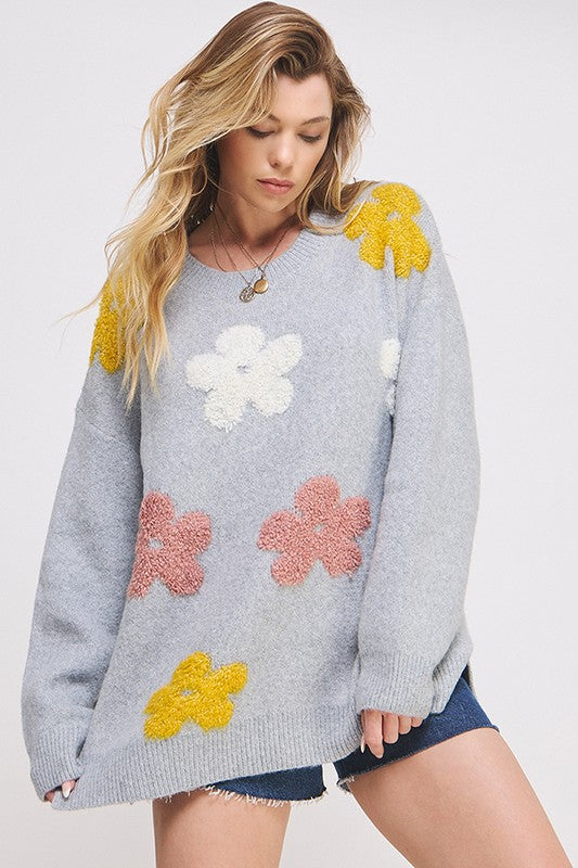 OVERSIZED LONG SLEEVE FLORAL GRAPHIC KNIT SWEATER