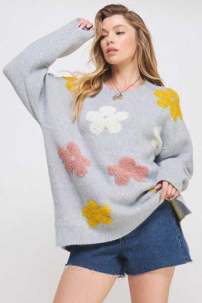 OVERSIZED LONG SLEEVE FLORAL GRAPHIC KNIT SWEATER