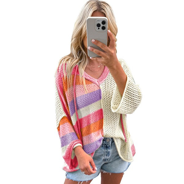 Women Oversized Colorblock V Neck Hooded Sweater