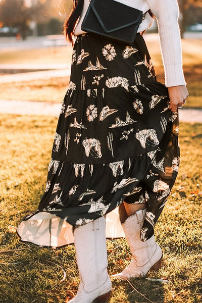 Western Print Tiered Ruffled High Waist Maxi Skirt