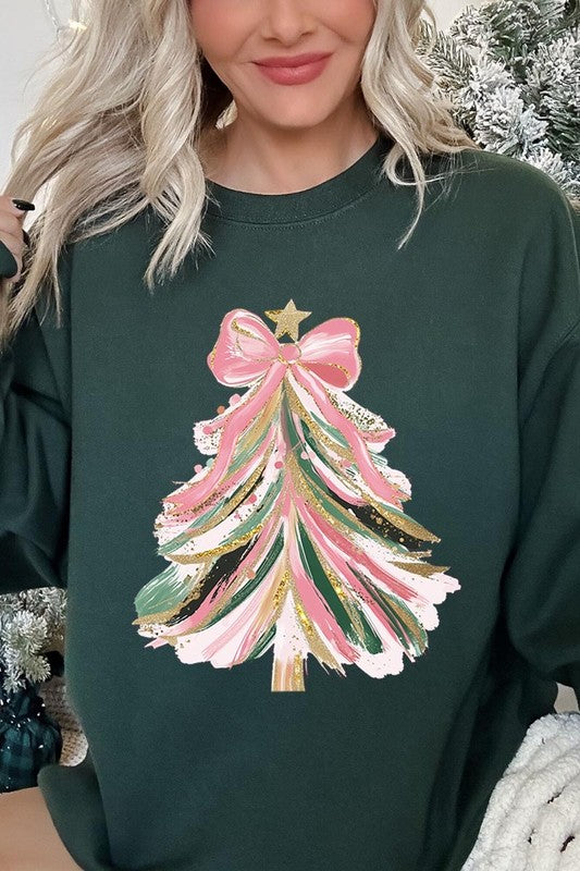 Faux Glitter Pink Bow Christmas Tree Sweatshirts