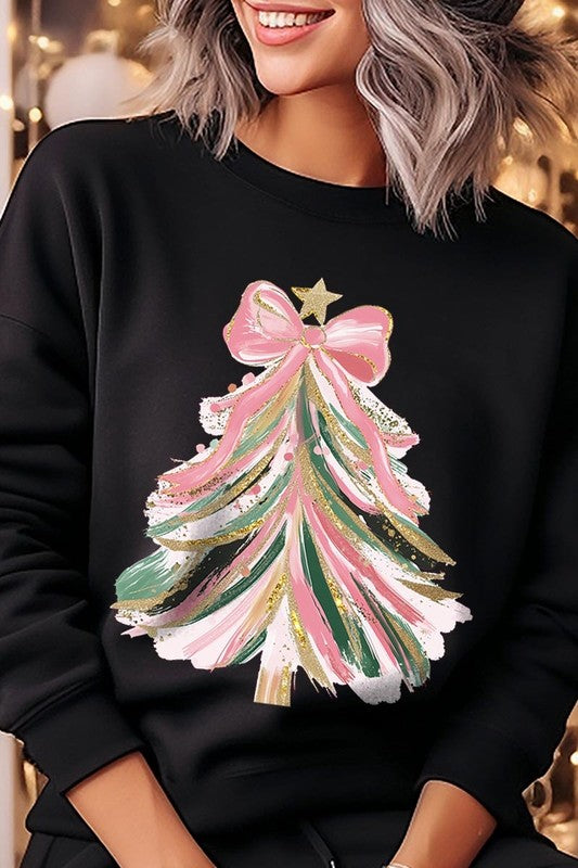 Faux Glitter Pink Bow Christmas Tree Sweatshirts