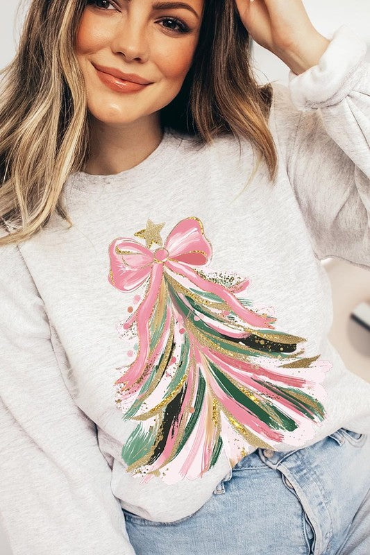 Faux Glitter Pink Bow Christmas Tree Sweatshirts