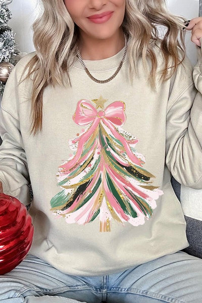 Faux Glitter Pink Bow Christmas Tree Sweatshirts