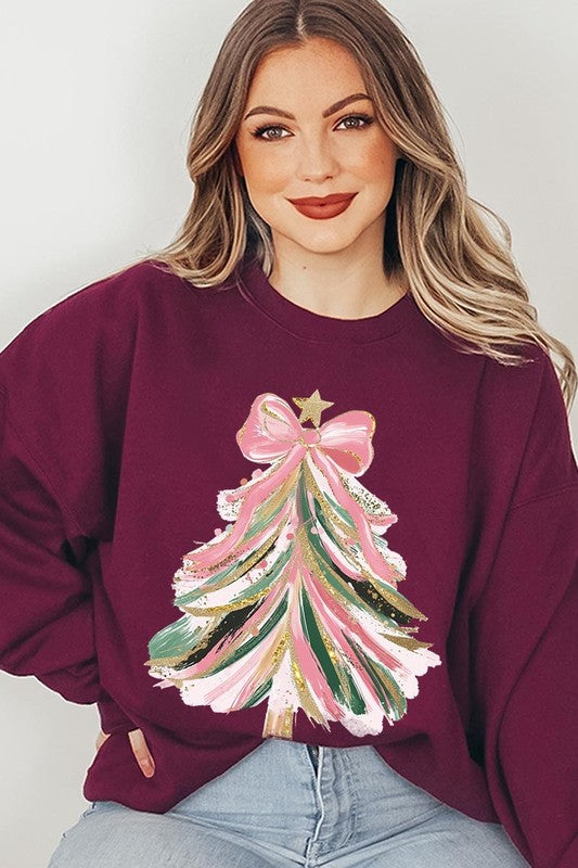 Faux Glitter Pink Bow Christmas Tree Sweatshirts