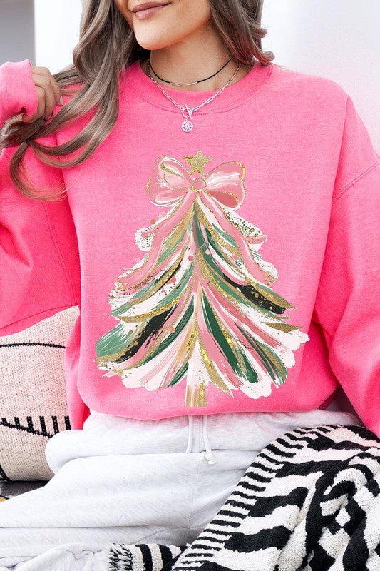 Faux Glitter Pink Bow Christmas Tree Sweatshirts