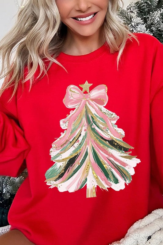 Faux Glitter Pink Bow Christmas Tree Sweatshirts