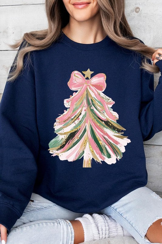 Faux Glitter Pink Bow Christmas Tree Sweatshirts