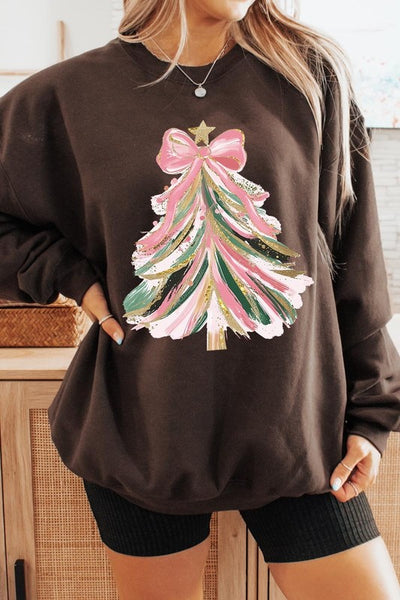 Faux Glitter Pink Bow Christmas Tree Sweatshirts