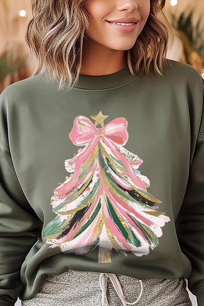 Faux Glitter Pink Bow Christmas Tree Sweatshirts