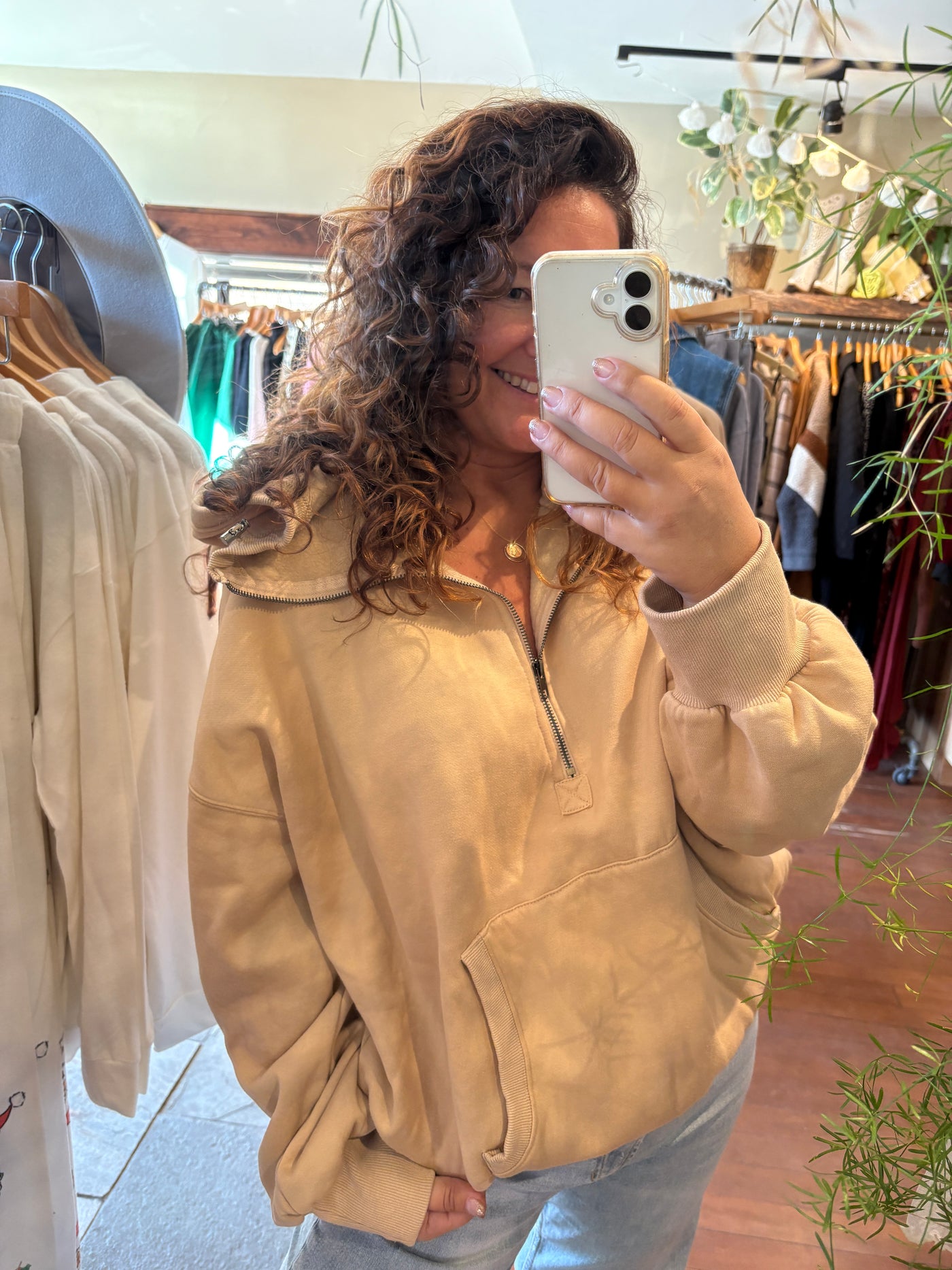 Washed Stitch Elastic Hem Half Zip Fleece Hoodie