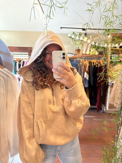 Washed Stitch Elastic Hem Half Zip Fleece Hoodie