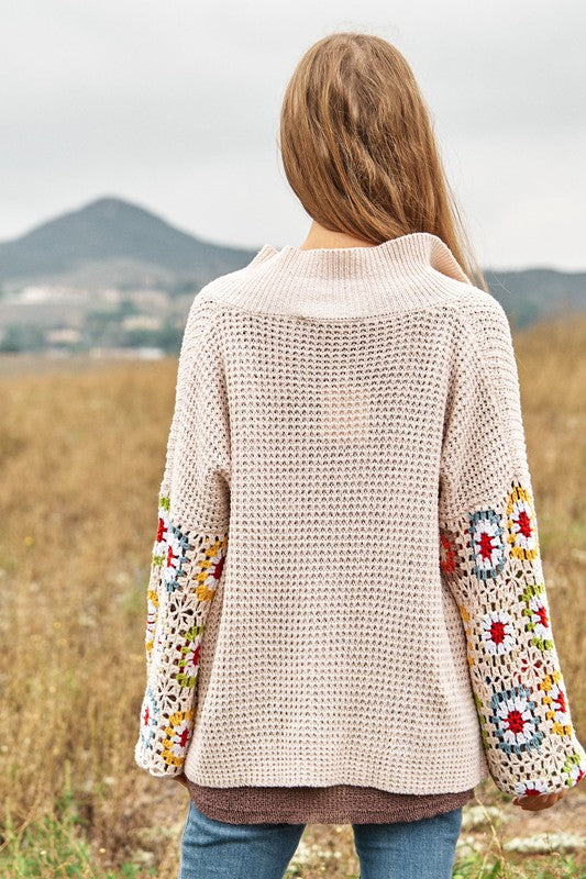 Crochet Floral Printed Long Sleeve Knit Cardigan