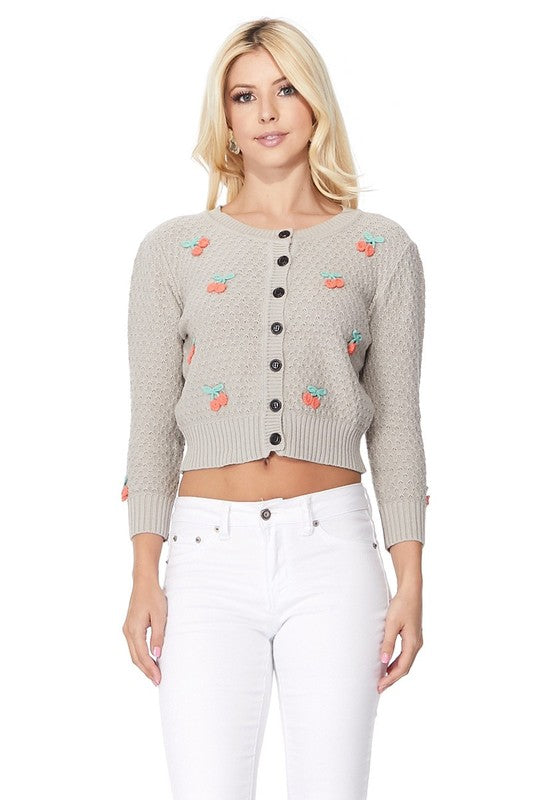 Cherry Crochet Pom Pom Cropped Cardigan Sweater