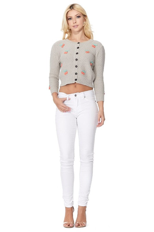 Cherry Crochet Pom Pom Cropped Cardigan Sweater