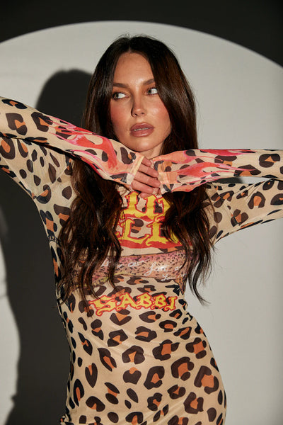 Pantera Mesh Long Sleeve Maxi Dress - Leopard / Flames