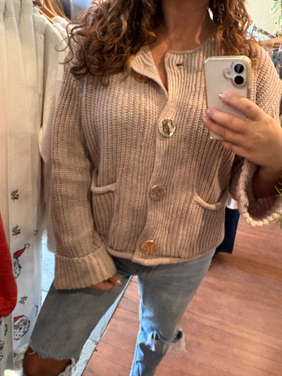 Luxe Vintage Gold Button Front Pocket Cardigan
