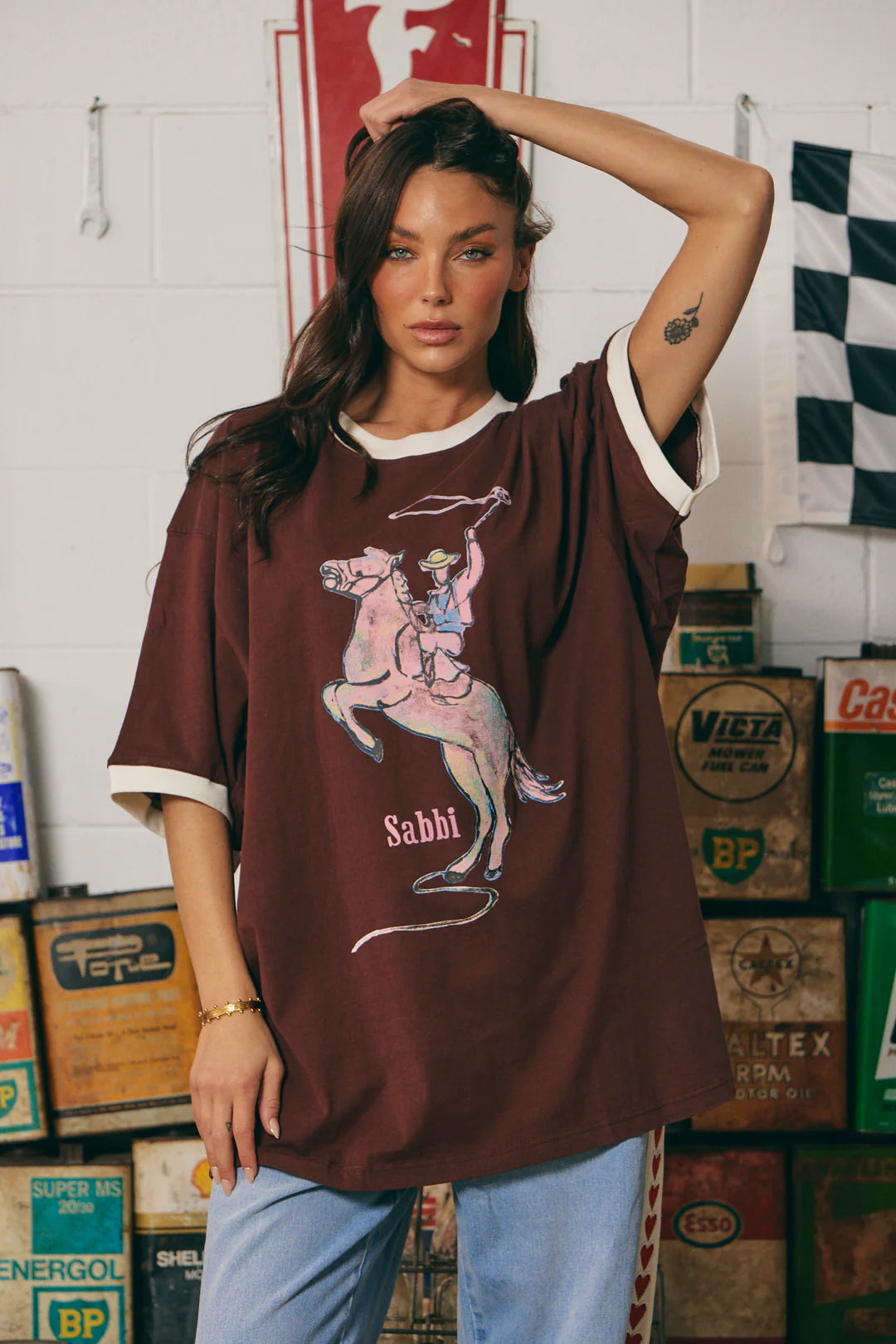 LThe Very Oversized Yeehaw Tee - Chocolate With White Trim