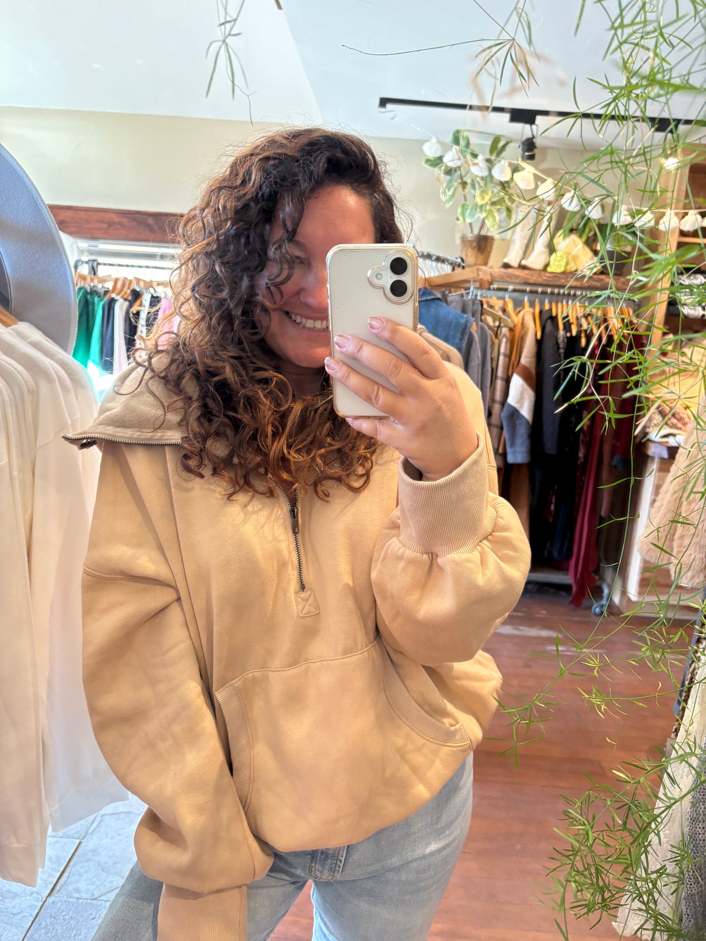 Washed Stitch Elastic Hem Half Zip Fleece Hoodie