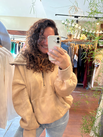 Washed Stitch Elastic Hem Half Zip Fleece Hoodie