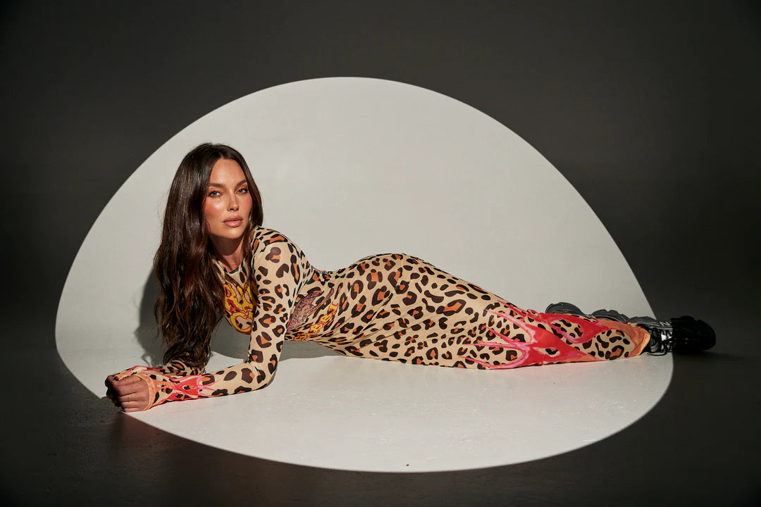 Pantera Mesh Long Sleeve Maxi Dress - Leopard / Flames