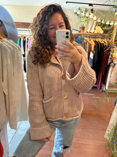 Luxe Vintage Gold Button Front Pocket Cardigan