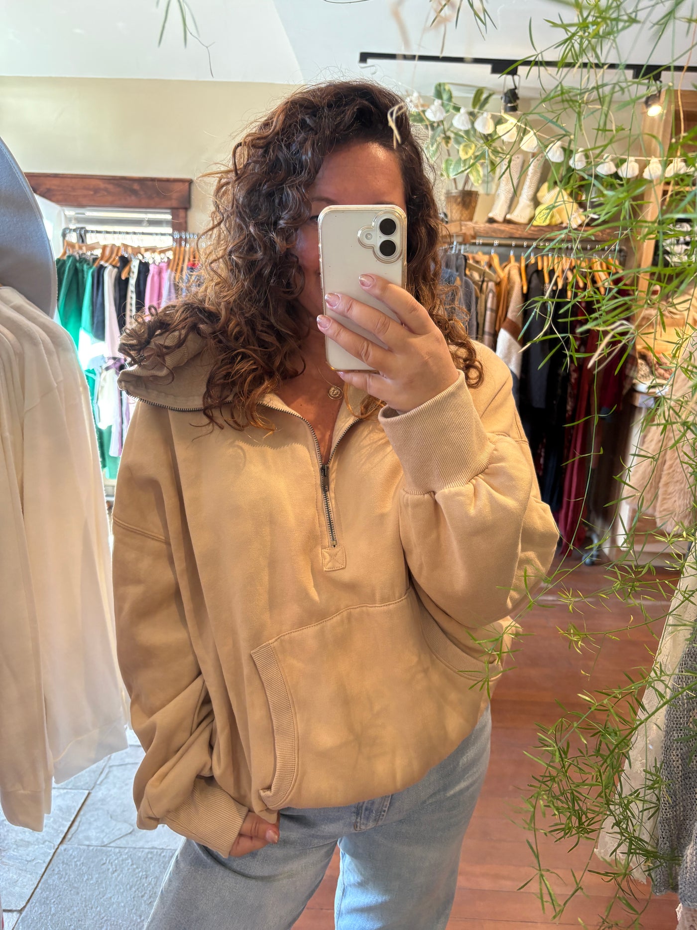 Washed Stitch Elastic Hem Half Zip Fleece Hoodie