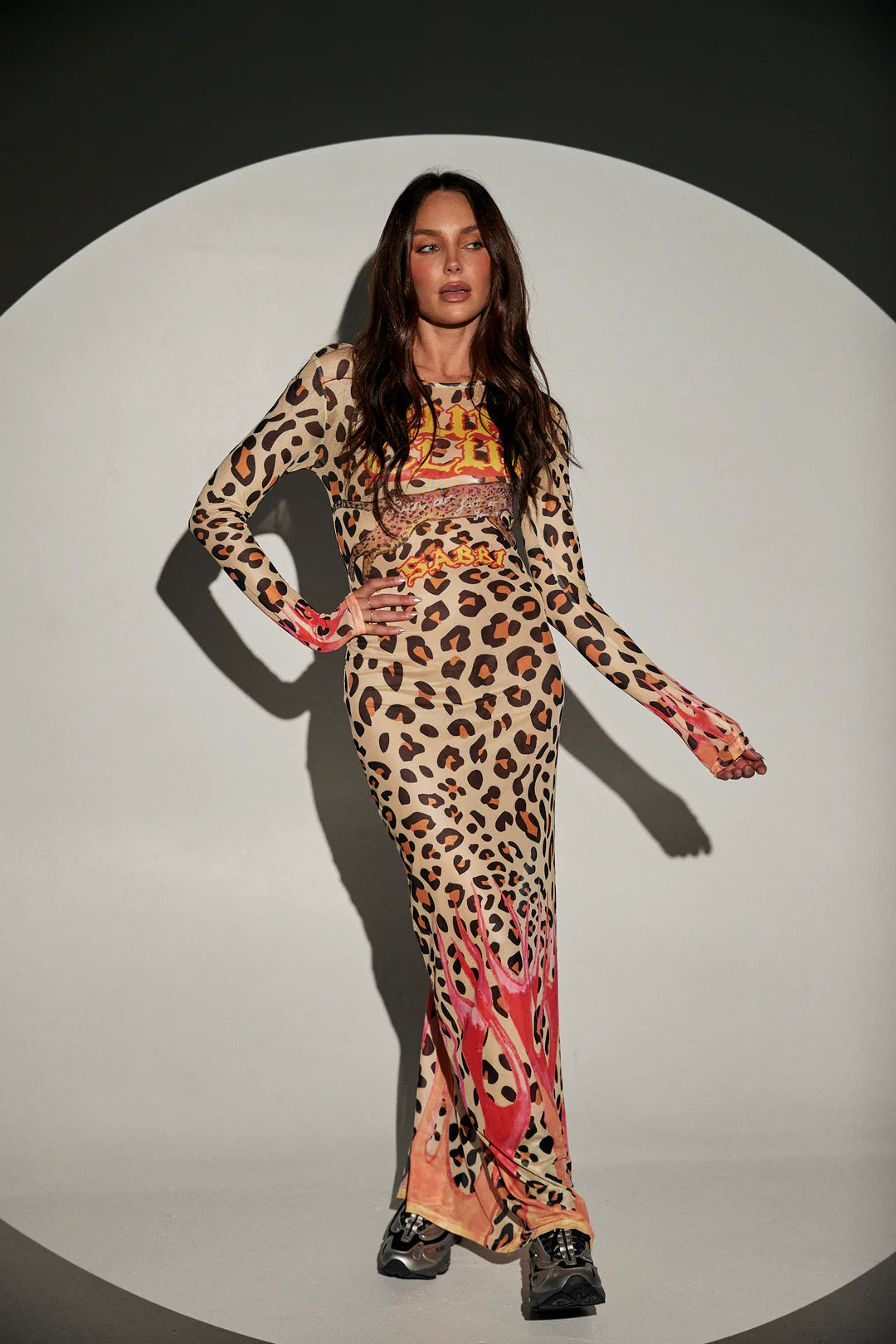 Pantera Mesh Long Sleeve Maxi Dress - Leopard / Flames