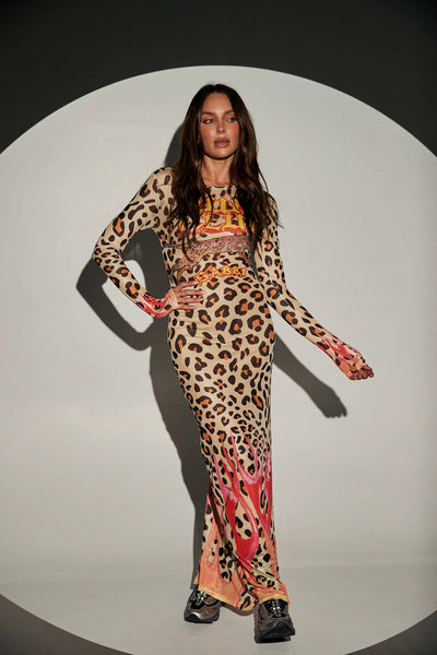 Pantera Mesh Long Sleeve Maxi Dress - Leopard / Flames