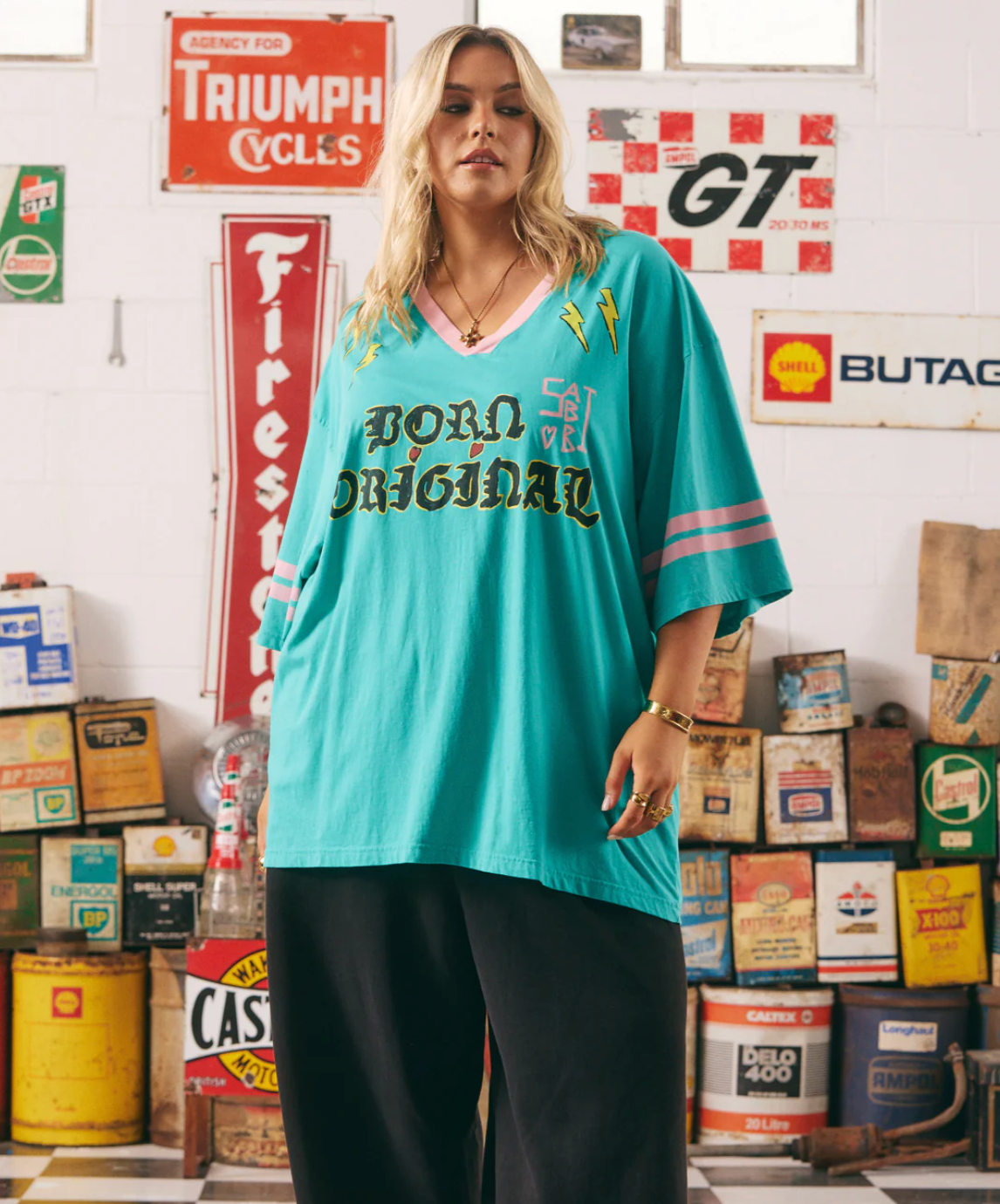 The Very Oversized Born Original Tee -Teal & Pink