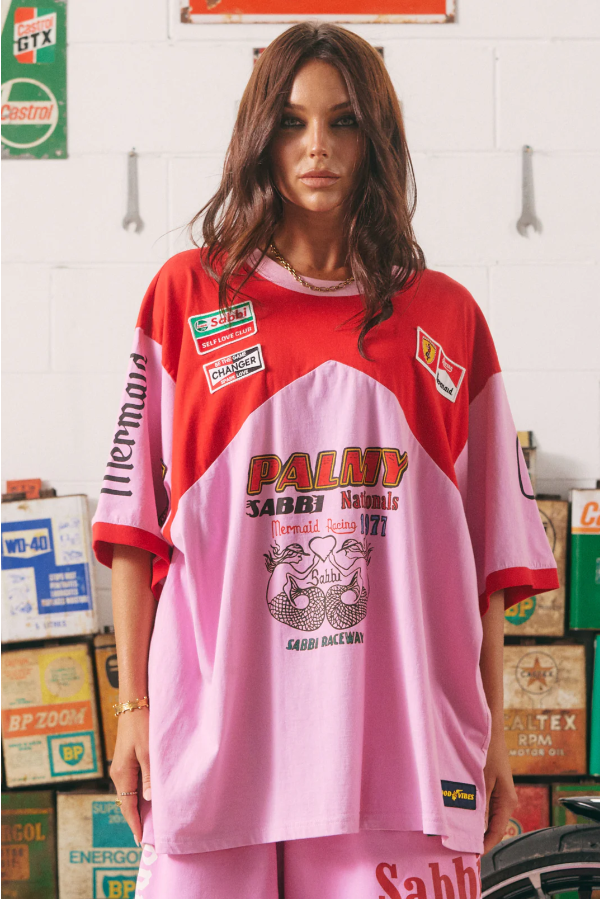 The Very Oversized Mermaid Racing Tee - Pink & Red