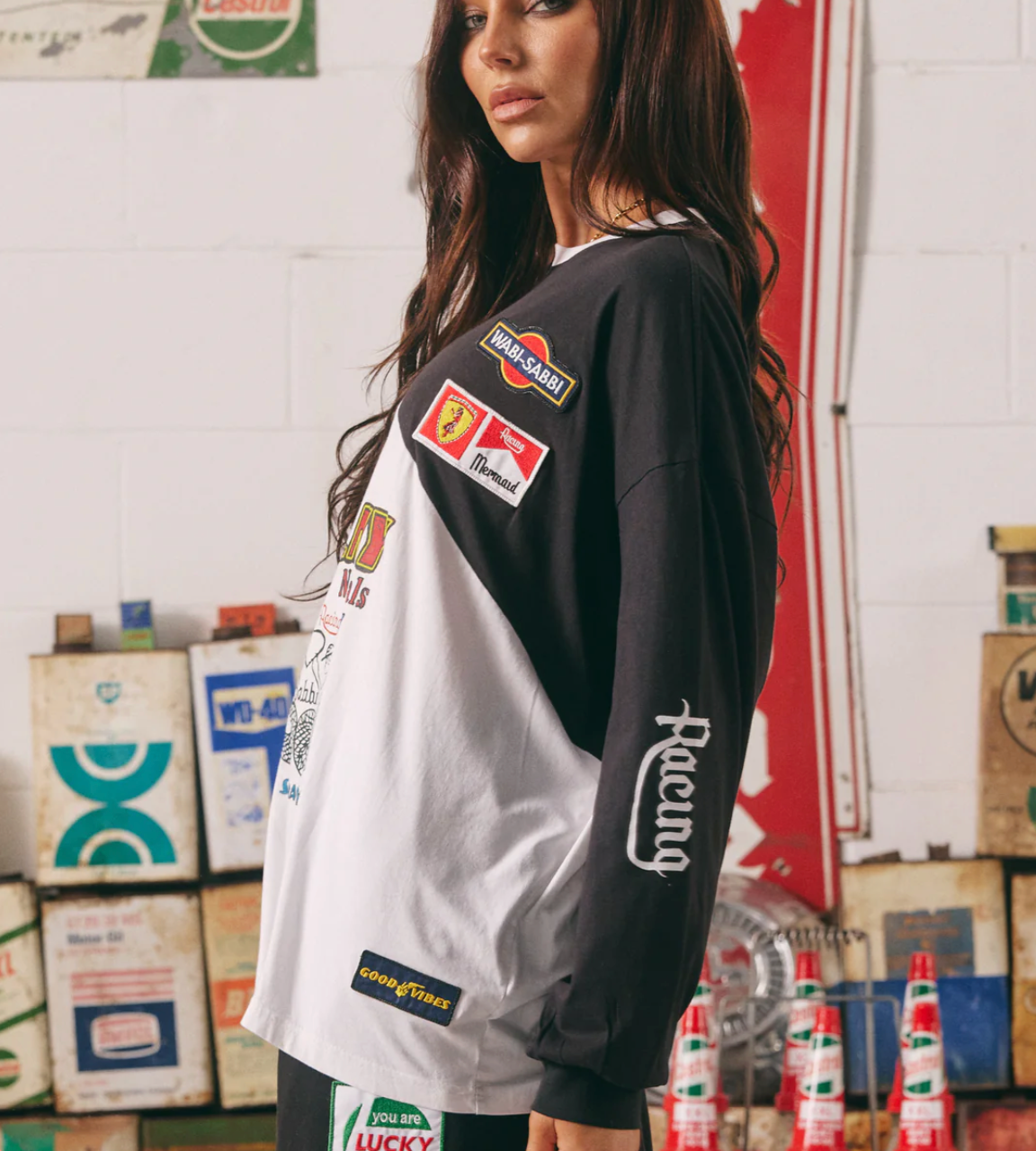 The Long Sleeve Mermaid Racing Tee - Black & white