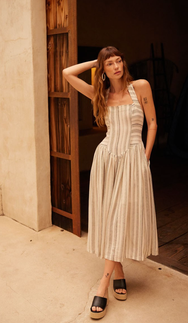 Along the Way Pinstripe Drop-Waist Midi Dress