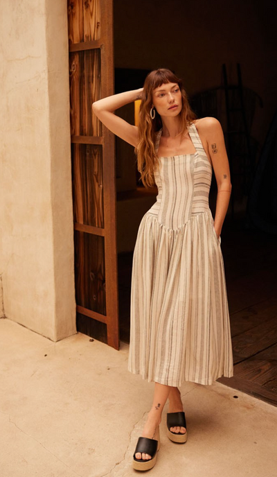 Along the Way Pinstripe Drop-Waist Midi Dress