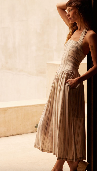Along the Way Pinstripe Drop-Waist Midi Dress