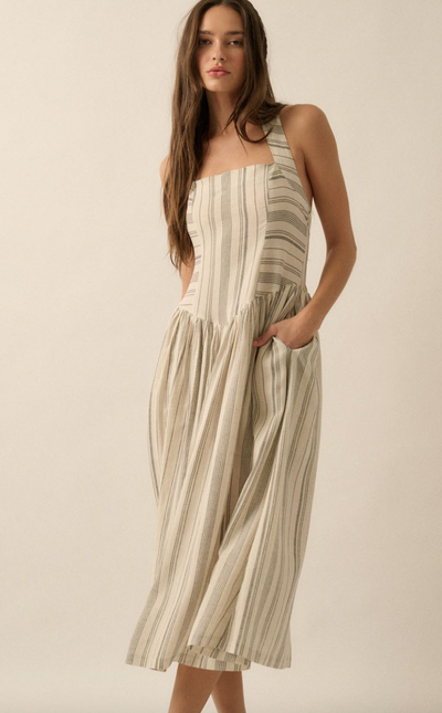 Along the Way Pinstripe Drop-Waist Midi Dress