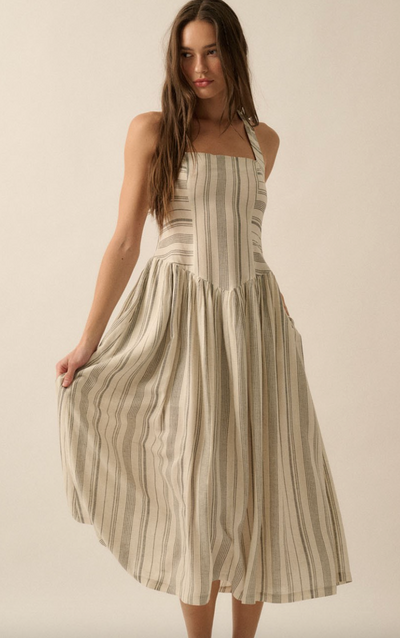 Along the Way Pinstripe Drop-Waist Midi Dress