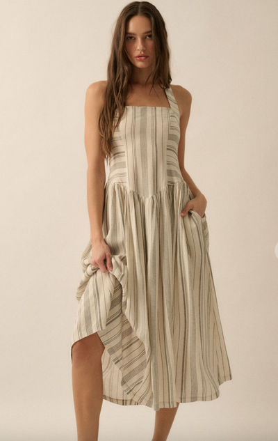 Along the Way Pinstripe Drop-Waist Midi Dress