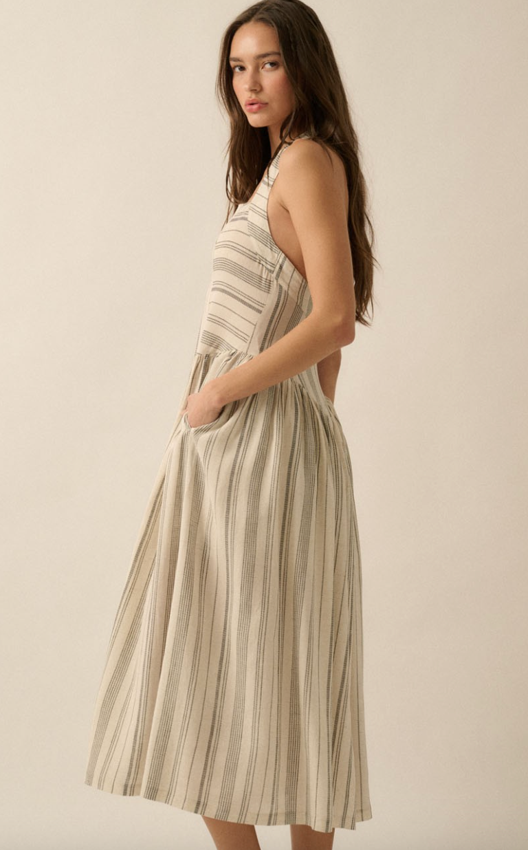 Along the Way Pinstripe Drop-Waist Midi Dress